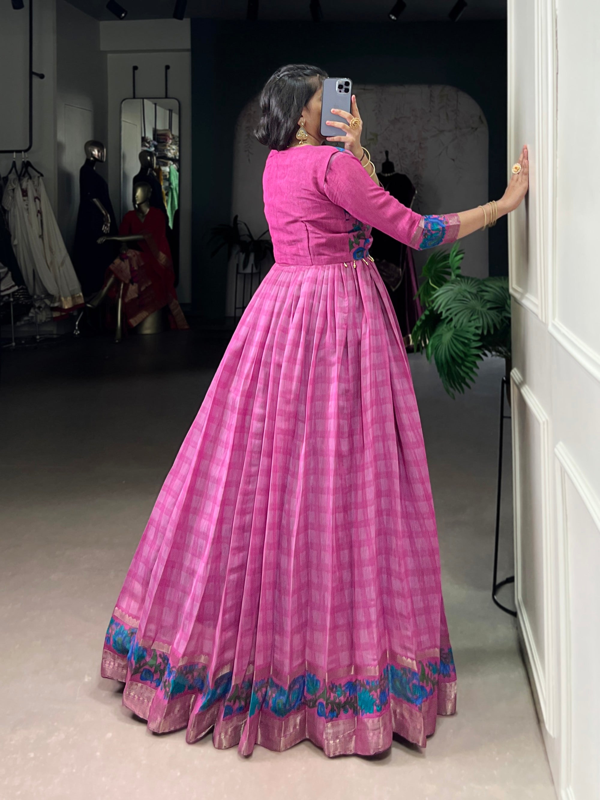 Lorenvalley Fashion Pink Viscose Chanderi Printed With Zari Weaving Work Gown with Koti - Distacart