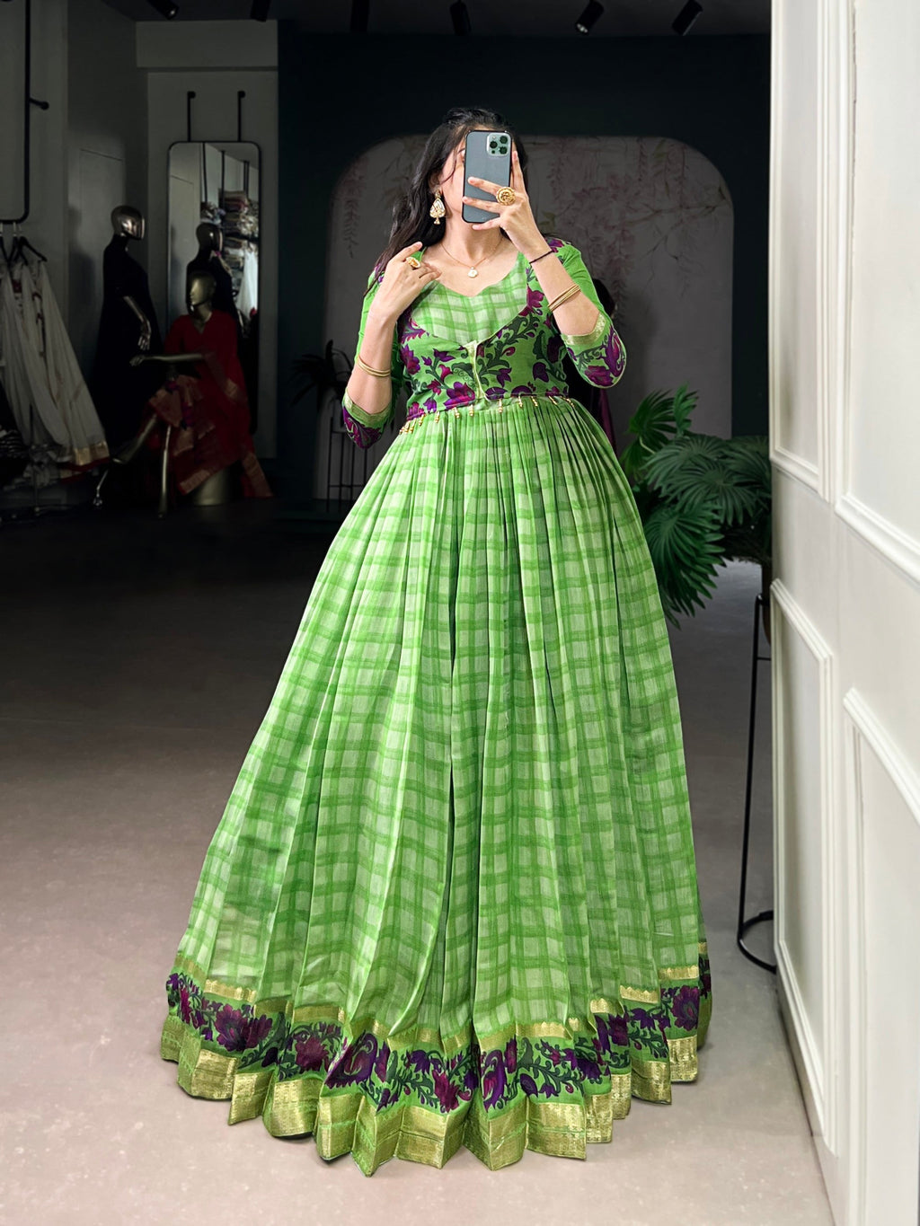 Lorenvalley Fashion Parotgreen Viscose Chanderi Printed With Zari Weaving Work Gown with Koti - Distacart