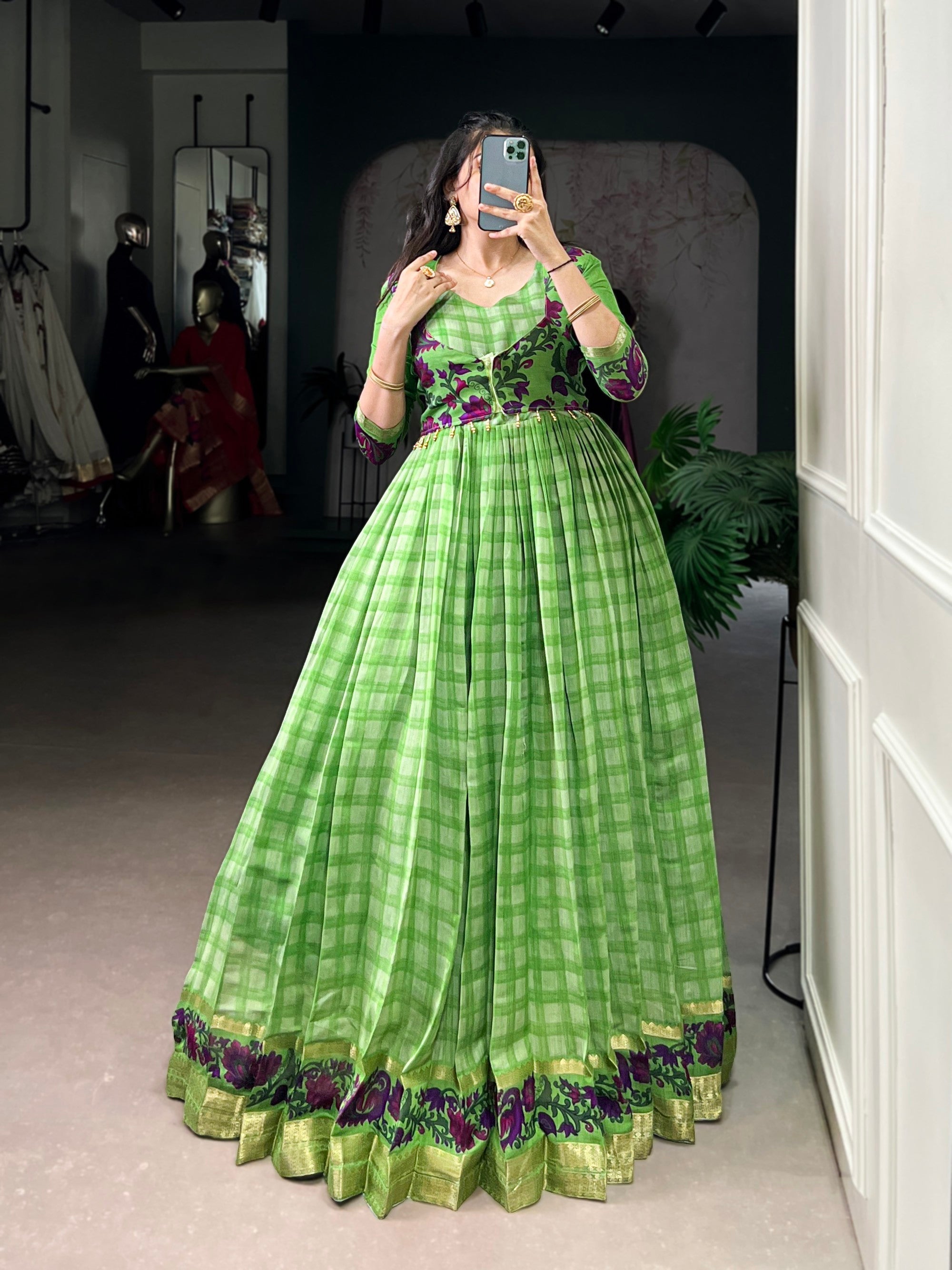 Lorenvalley Fashion Parotgreen Viscose Chanderi Printed With Zari Weaving Work Gown with Koti - Distacart