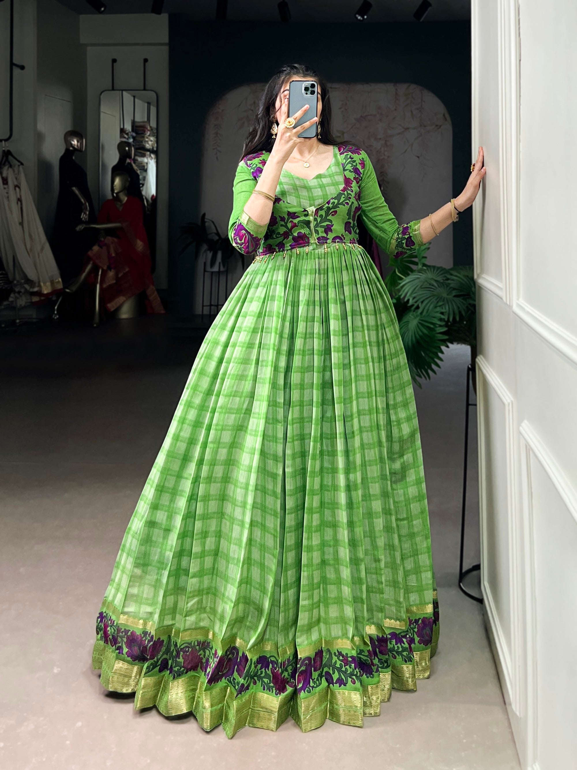 Lorenvalley Fashion Parotgreen Viscose Chanderi Printed With Zari Weaving Work Gown with Koti - Distacart