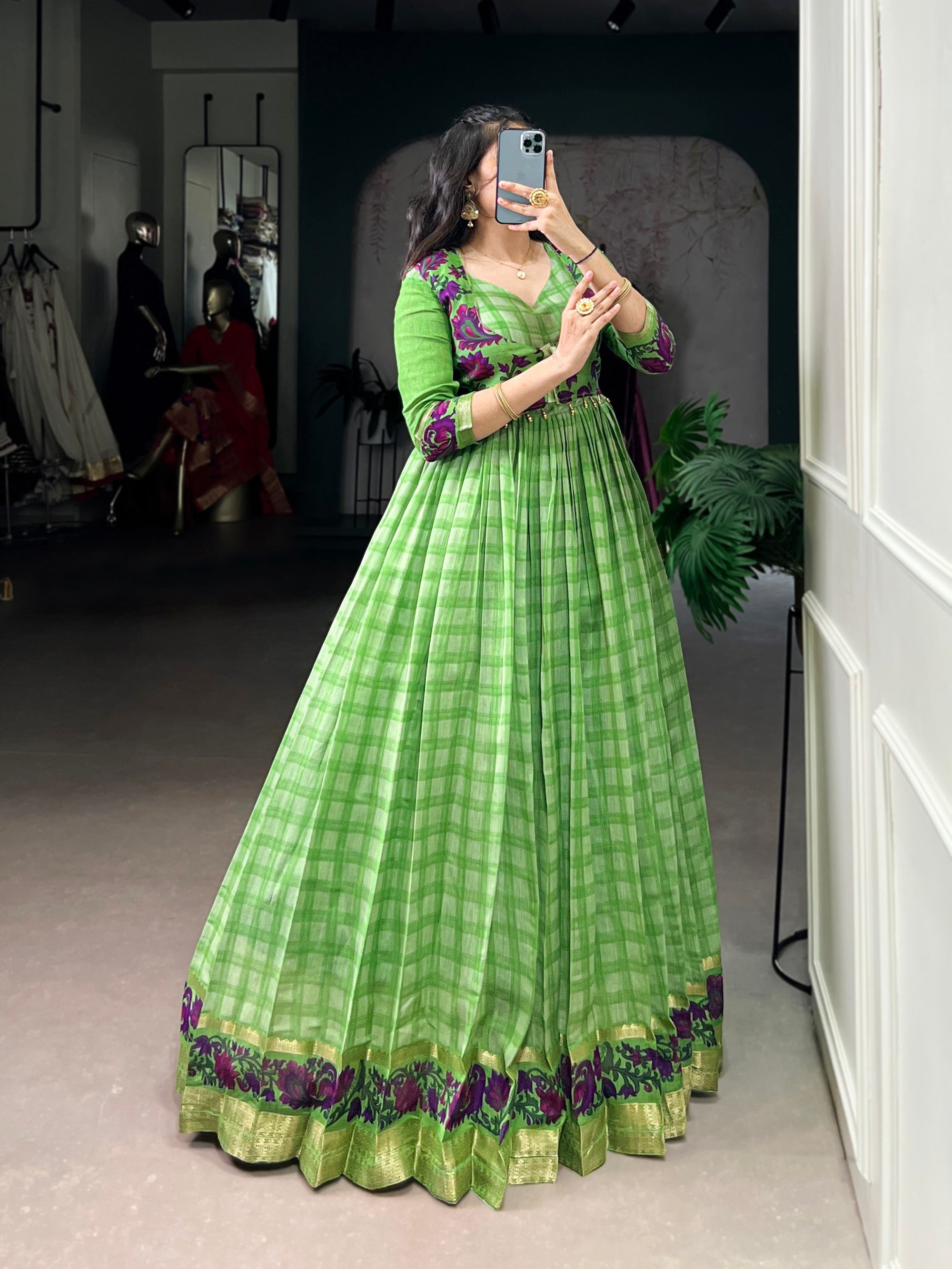 Lorenvalley Fashion Parotgreen Viscose Chanderi Printed With Zari Weaving Work Gown with Koti - Distacart