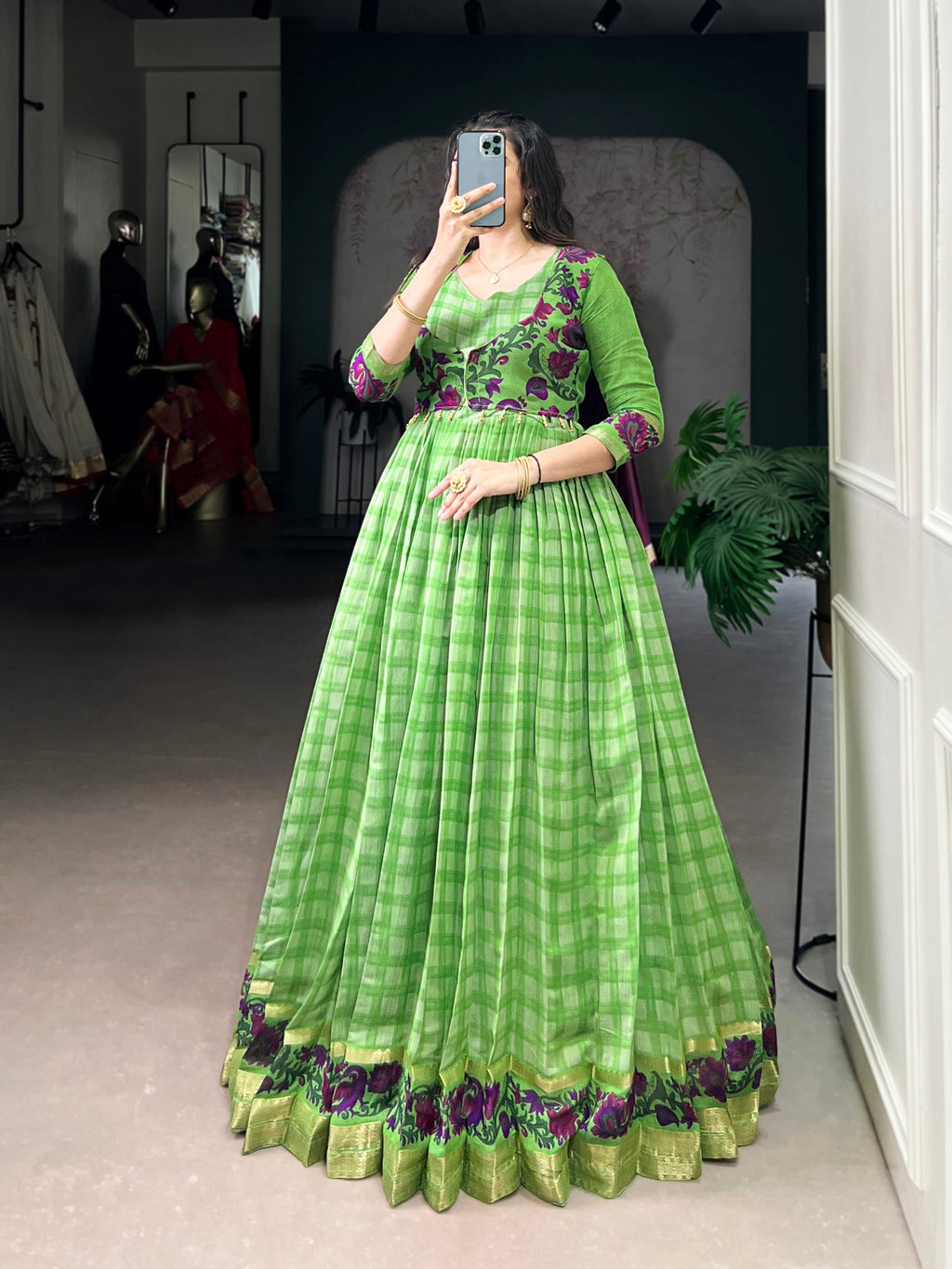 Lorenvalley Fashion Parotgreen Viscose Chanderi Printed With Zari Weaving Work Gown with Koti - Distacart
