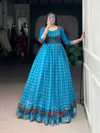 Lorenvalley Fashion Skyblue Viscose Chanderi Printed With Zari Weaving Work Gown with Koti - Distacart