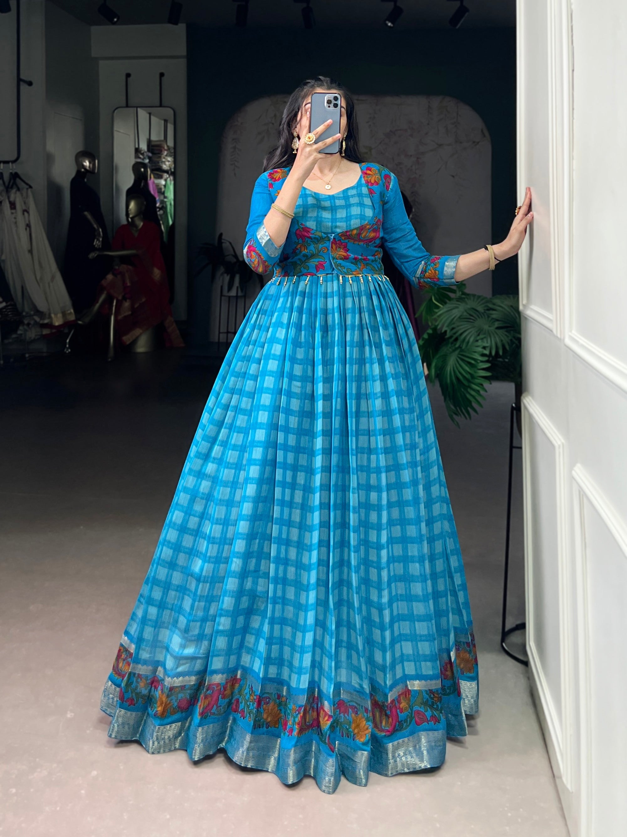 Lorenvalley Fashion Skyblue Viscose Chanderi Printed With Zari Weaving Work Gown with Koti - Distacart
