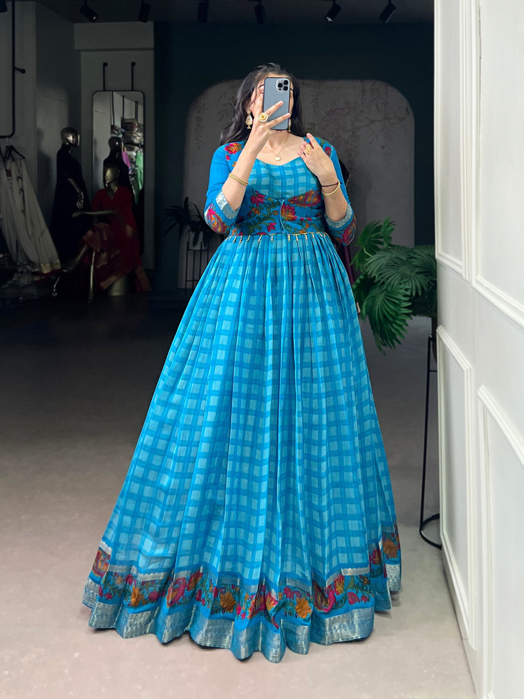 Lorenvalley Fashion Skyblue Viscose Chanderi Printed With Zari Weaving Work Gown with Koti - Distacart