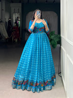 Lorenvalley Fashion Skyblue Viscose Chanderi Printed With Zari Weaving Work Gown with Koti - Distacart