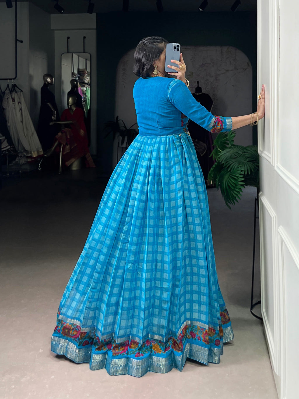 Lorenvalley Fashion Skyblue Viscose Chanderi Printed With Zari Weaving Work Gown with Koti - Distacart