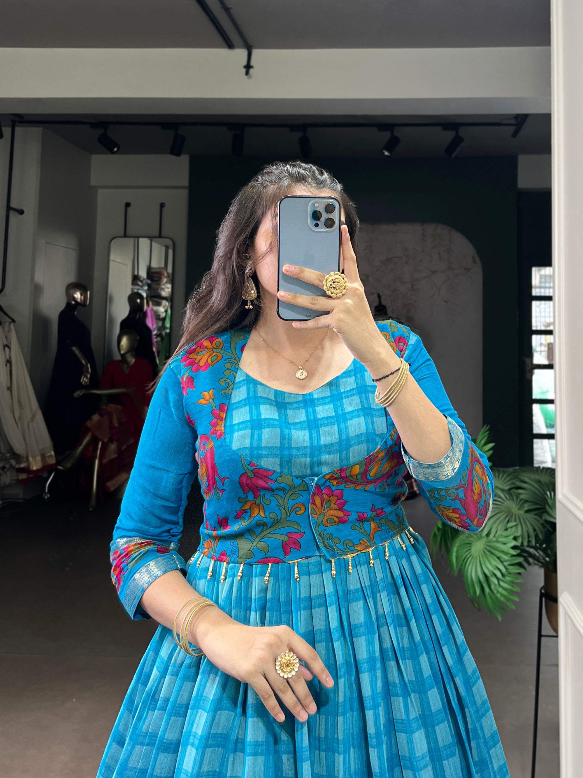 Lorenvalley Fashion Skyblue Viscose Chanderi Printed With Zari Weaving Work Gown with Koti - Distacart