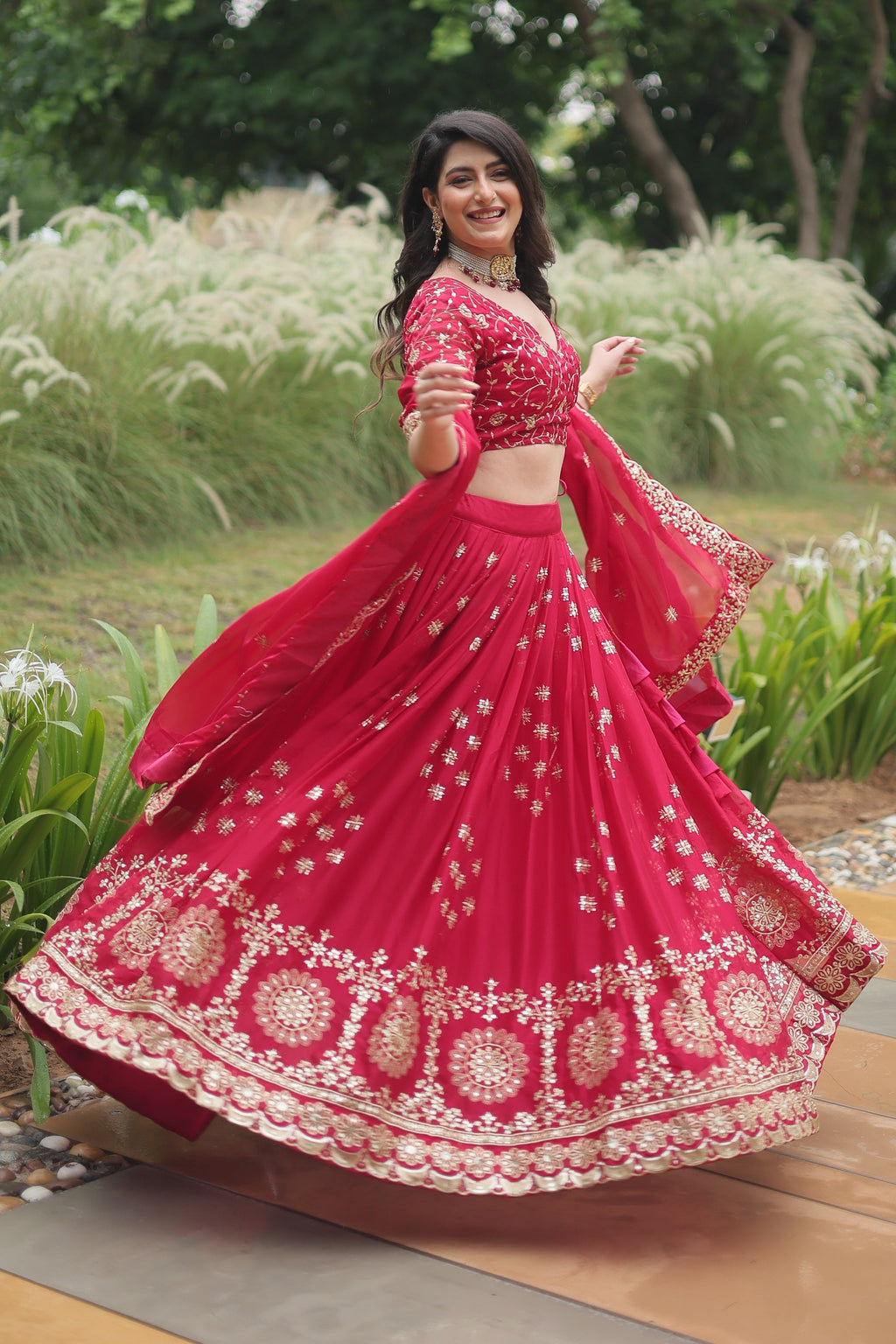Vedant Vastram Heavy Sequins & Thread Embroidered Work Rangoli Silk Lehenga Choli With Blouse & Dupatta - Pink