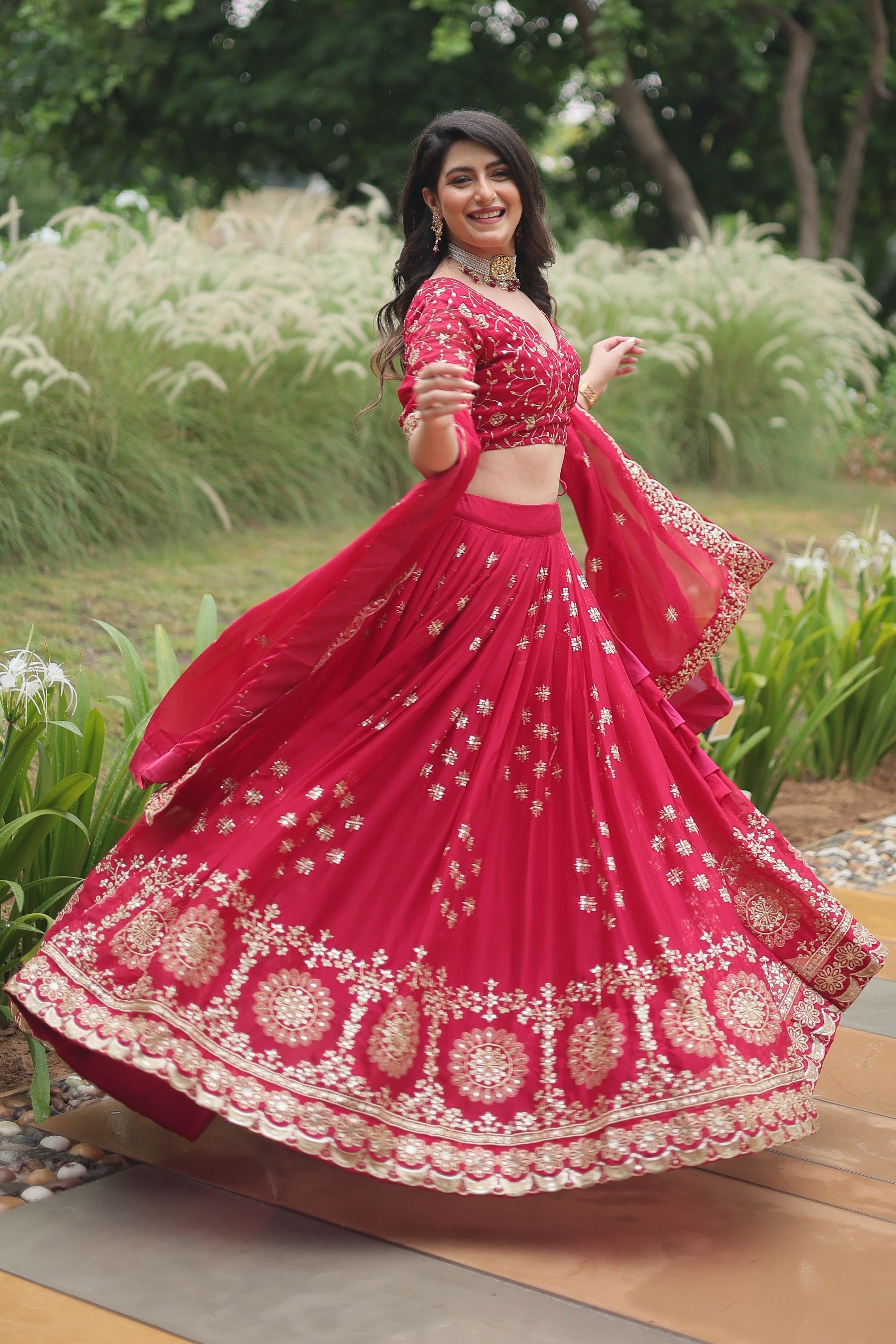 Vedant Vastram Heavy Sequins & Thread Embroidered Work Rangoli Silk Lehenga Choli With Blouse & Dupatta - Pink