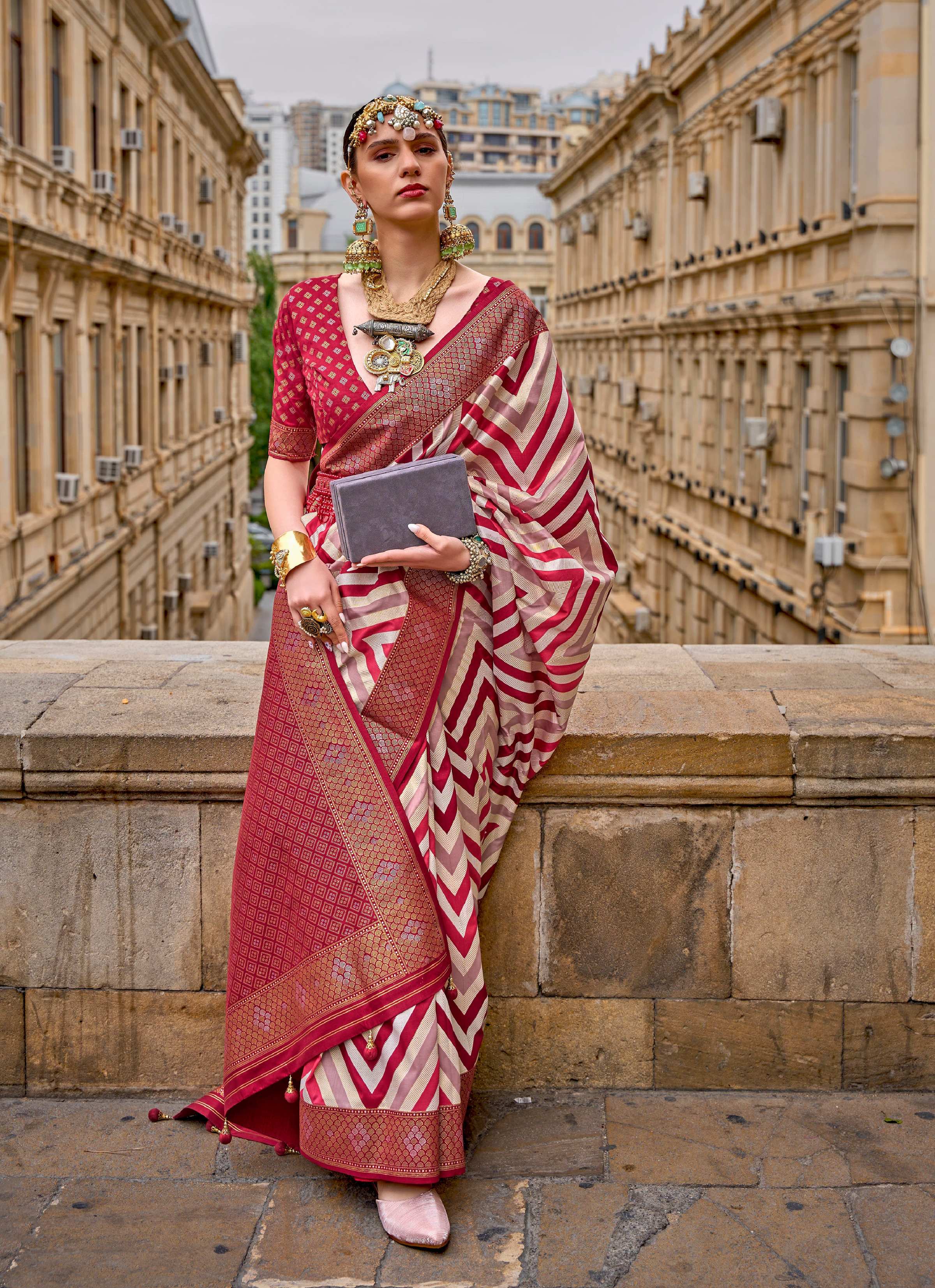 Monjolika Fashion Maroon Color Weaving Border Silk Saree With Blouse