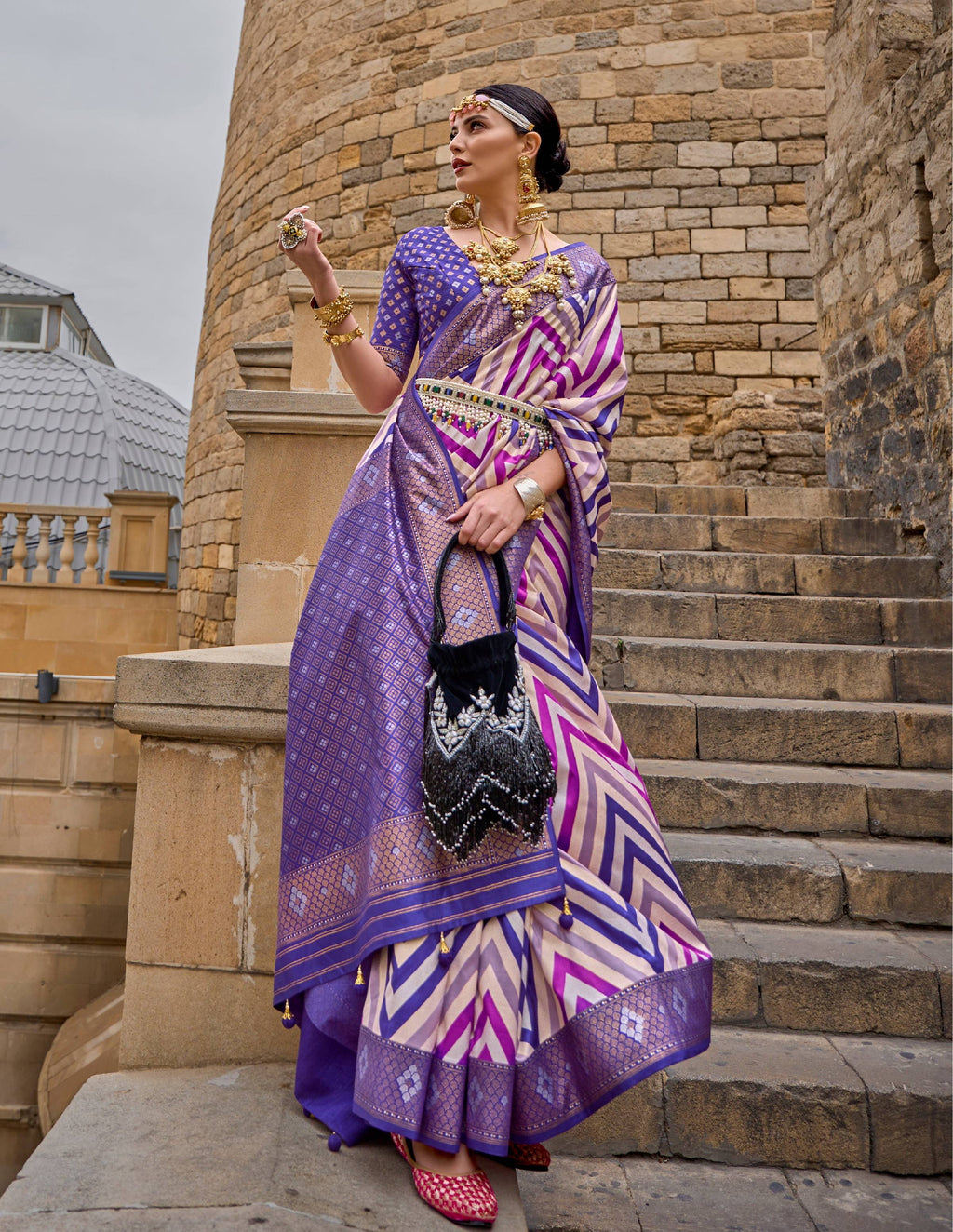Monjolika Fashion Violet Color Weaving Border Silk Saree With Blouse