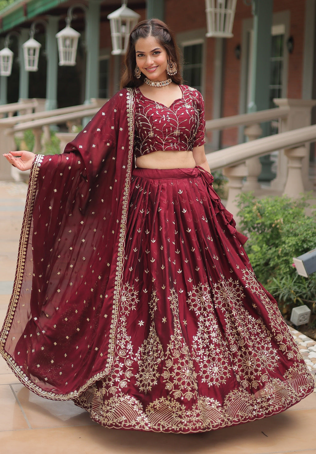 Vedant Vastram Heavy Sequins & Thread Embroidered Work Rangoli Silk Lehenga Choli With Blouse & Dupatta - Maroon