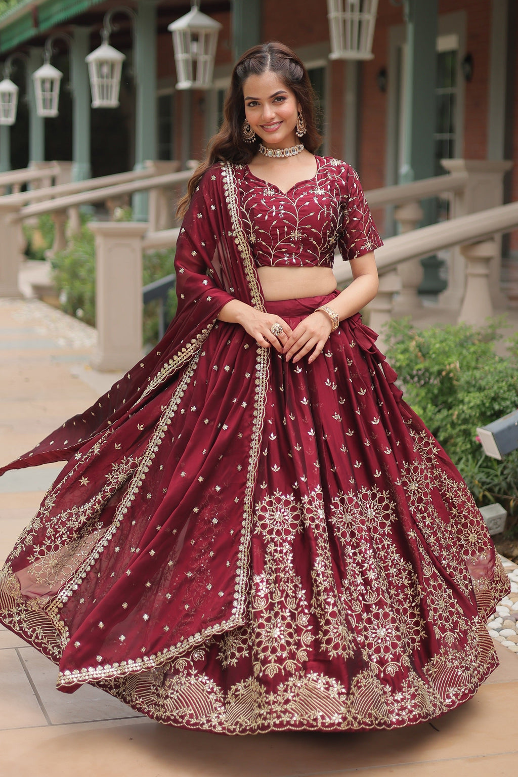 Vedant Vastram Heavy Sequins & Thread Embroidered Work Rangoli Silk Lehenga Choli With Blouse & Dupatta - Maroon
