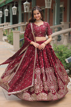 Vedant Vastram Heavy Sequins & Thread Embroidered Work Rangoli Silk Lehenga Choli With Blouse & Dupatta - Maroon