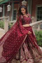 Vedant Vastram Heavy Sequins & Thread Embroidered Work Rangoli Silk Lehenga Choli With Blouse & Dupatta - Maroon