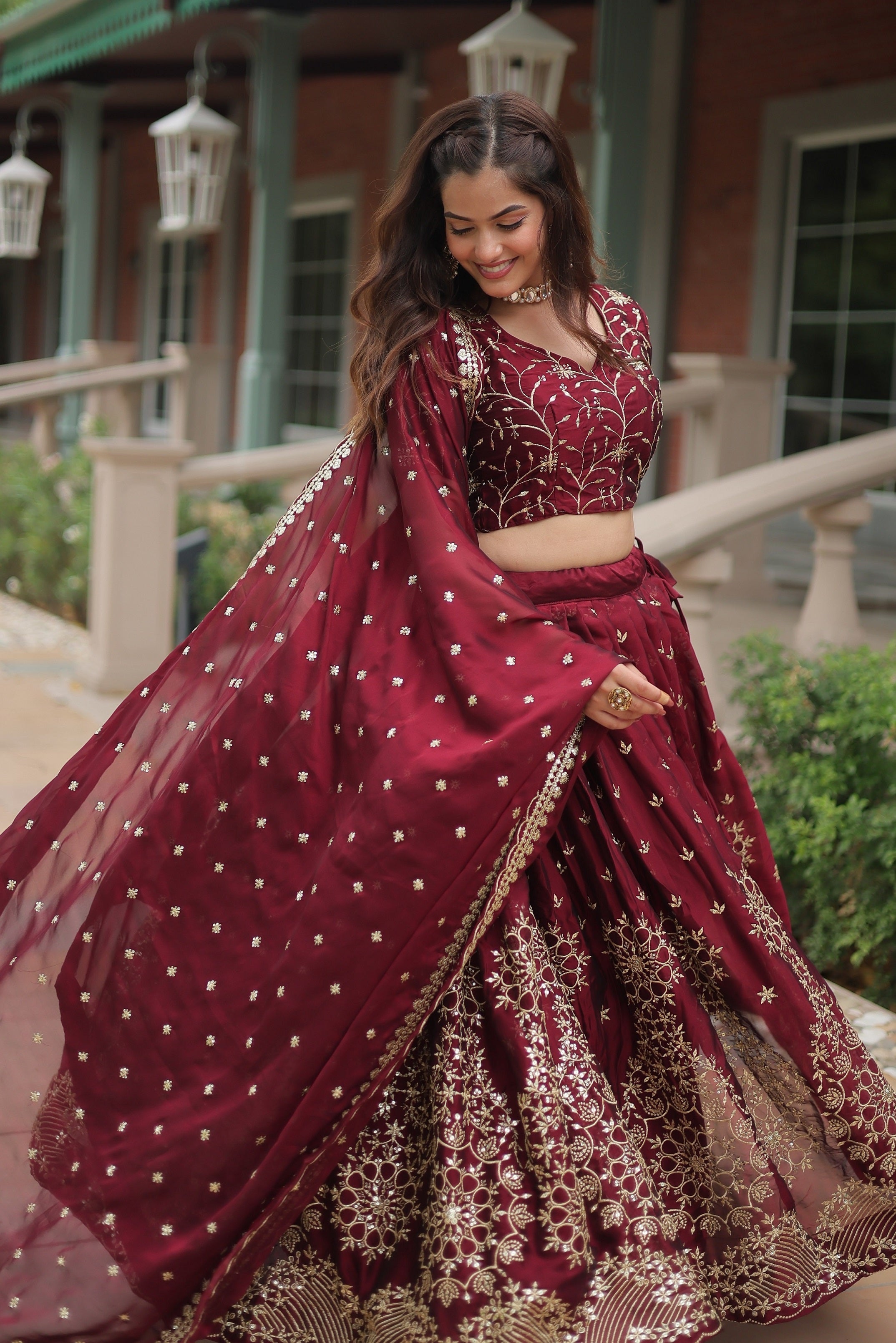Vedant Vastram Heavy Sequins & Thread Embroidered Work Rangoli Silk Lehenga Choli With Blouse & Dupatta - Maroon