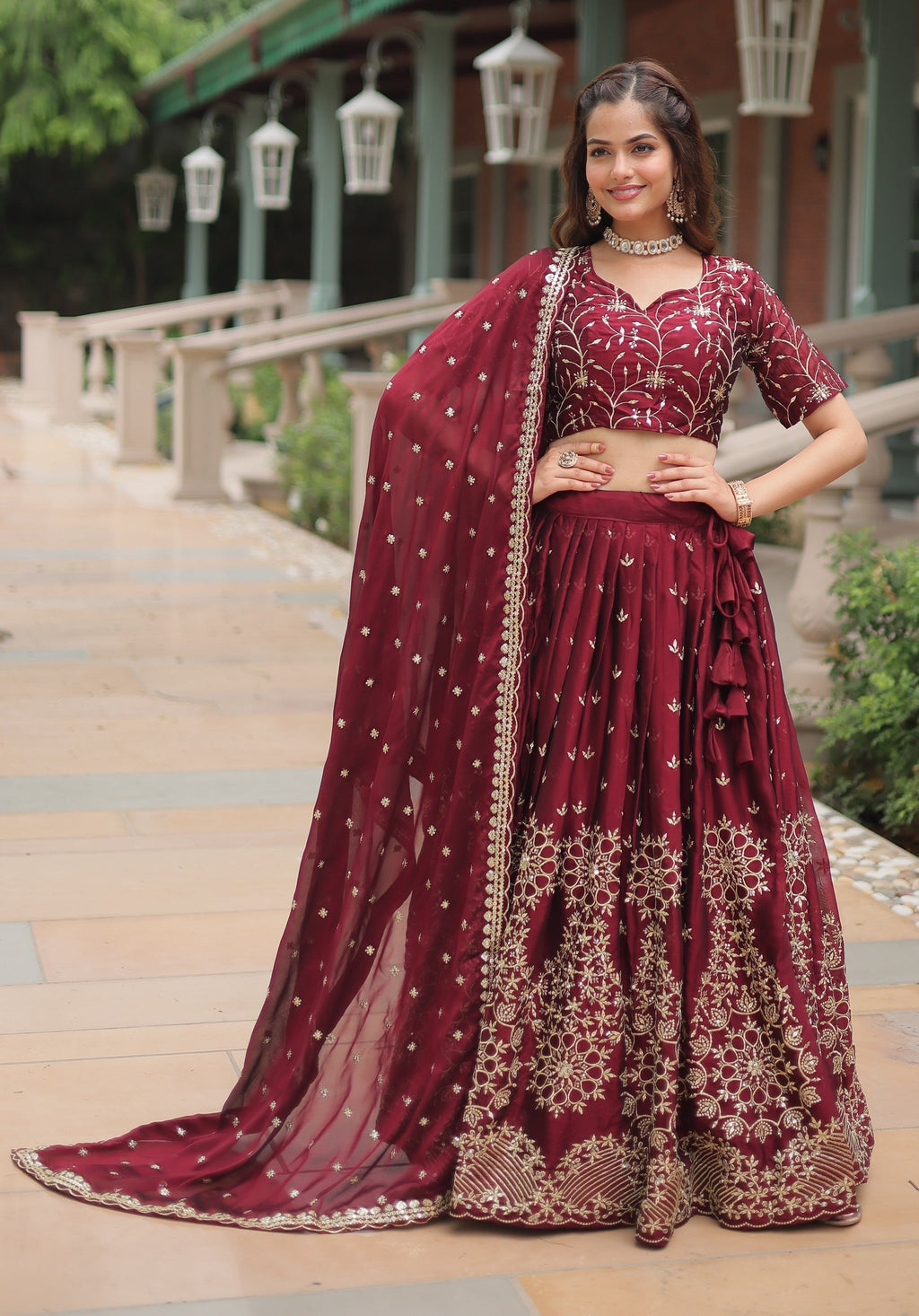 Vedant Vastram Heavy Sequins & Thread Embroidered Work Rangoli Silk Lehenga Choli With Blouse & Dupatta - Maroon
