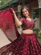 Vedant Vastram Heavy Sequins & Thread Embroidered Work Rangoli Silk Lehenga Choli With Blouse & Dupatta - Maroon