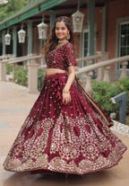 Vedant Vastram Heavy Sequins & Thread Embroidered Work Rangoli Silk Lehenga Choli With Blouse & Dupatta - Maroon