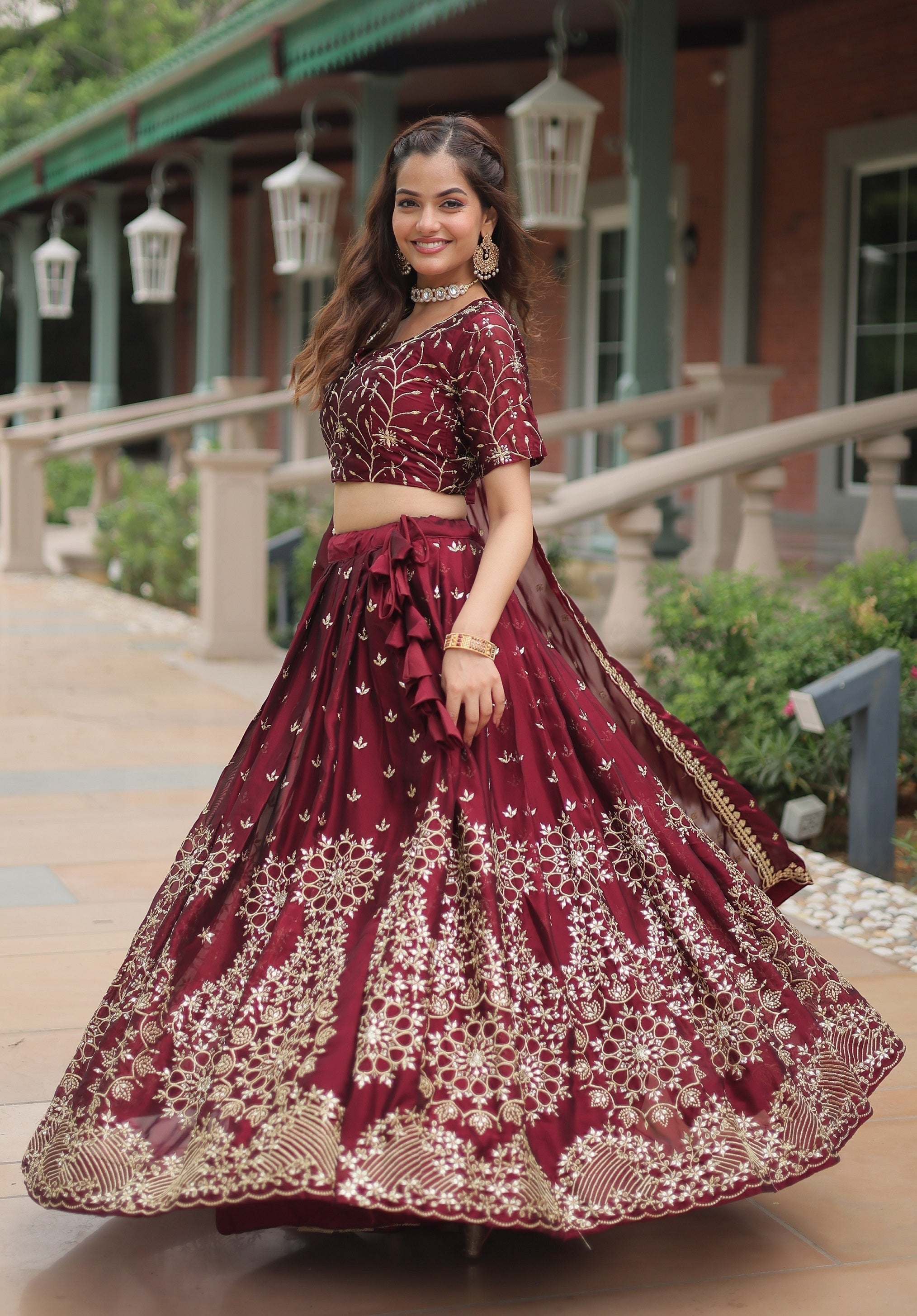 Vedant Vastram Heavy Sequins & Thread Embroidered Work Rangoli Silk Lehenga Choli With Blouse & Dupatta - Maroon