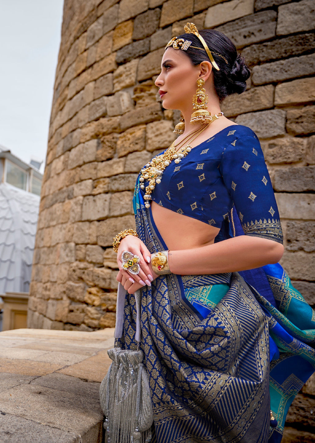 Monjolika Fashion Navy Blue Color Weaving Border Silk Saree With Blouse