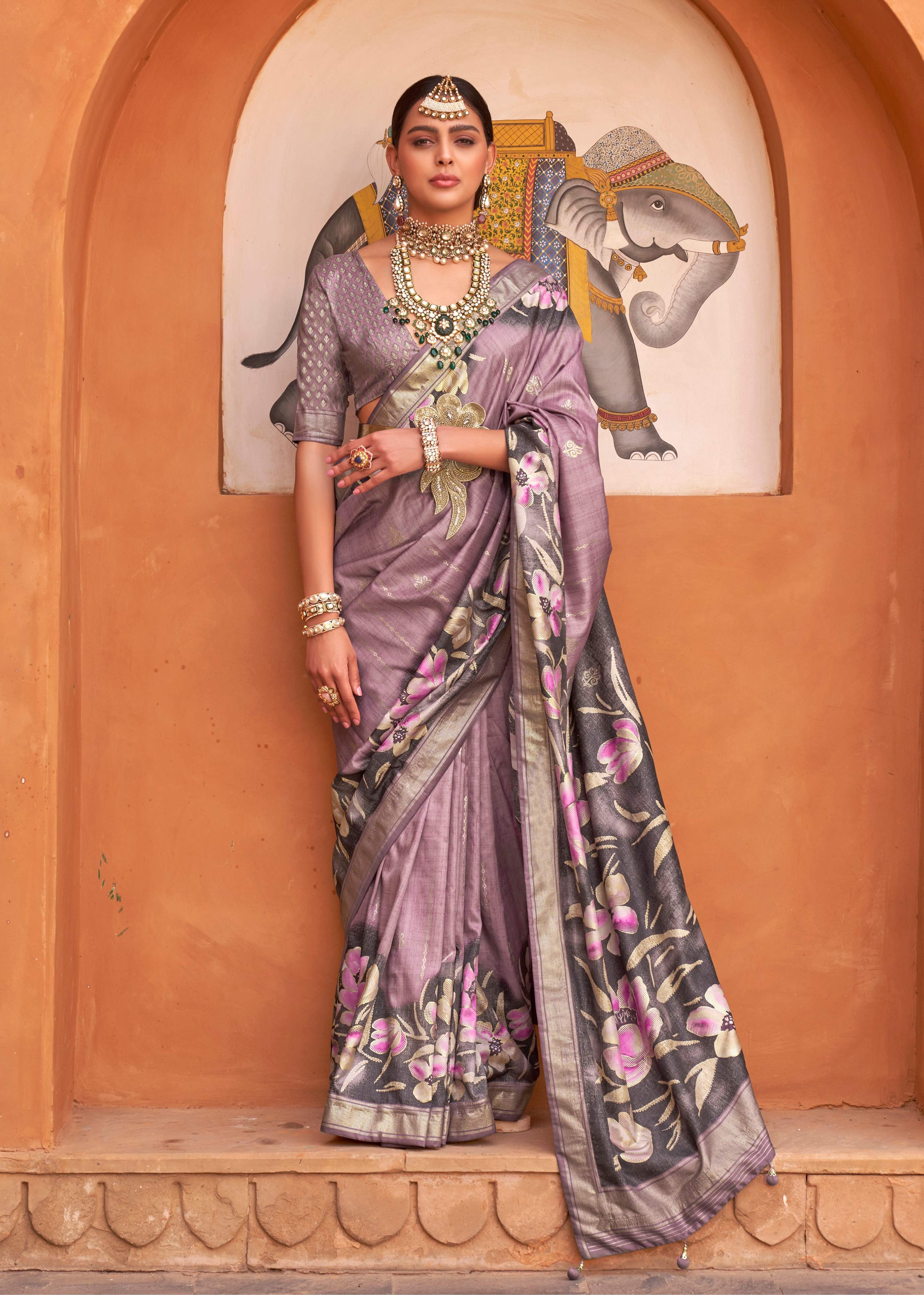 Monjolika Fashion Mauve Color Digitally Printed Weaving Silk Saree With Blouse