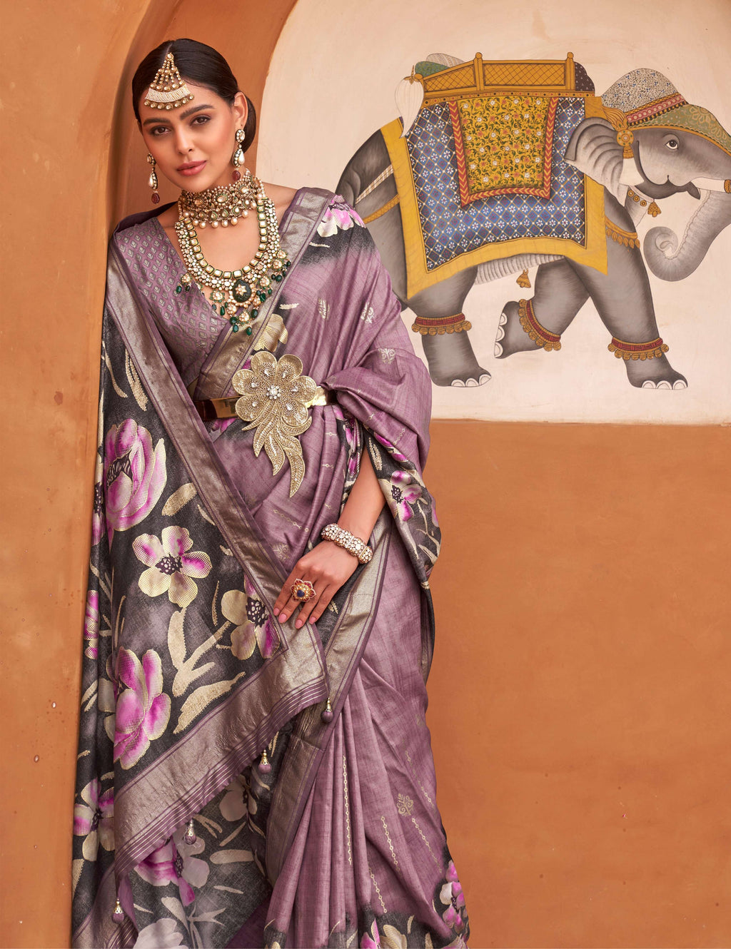 Monjolika Fashion Mauve Color Digitally Printed Weaving Silk Saree With Blouse