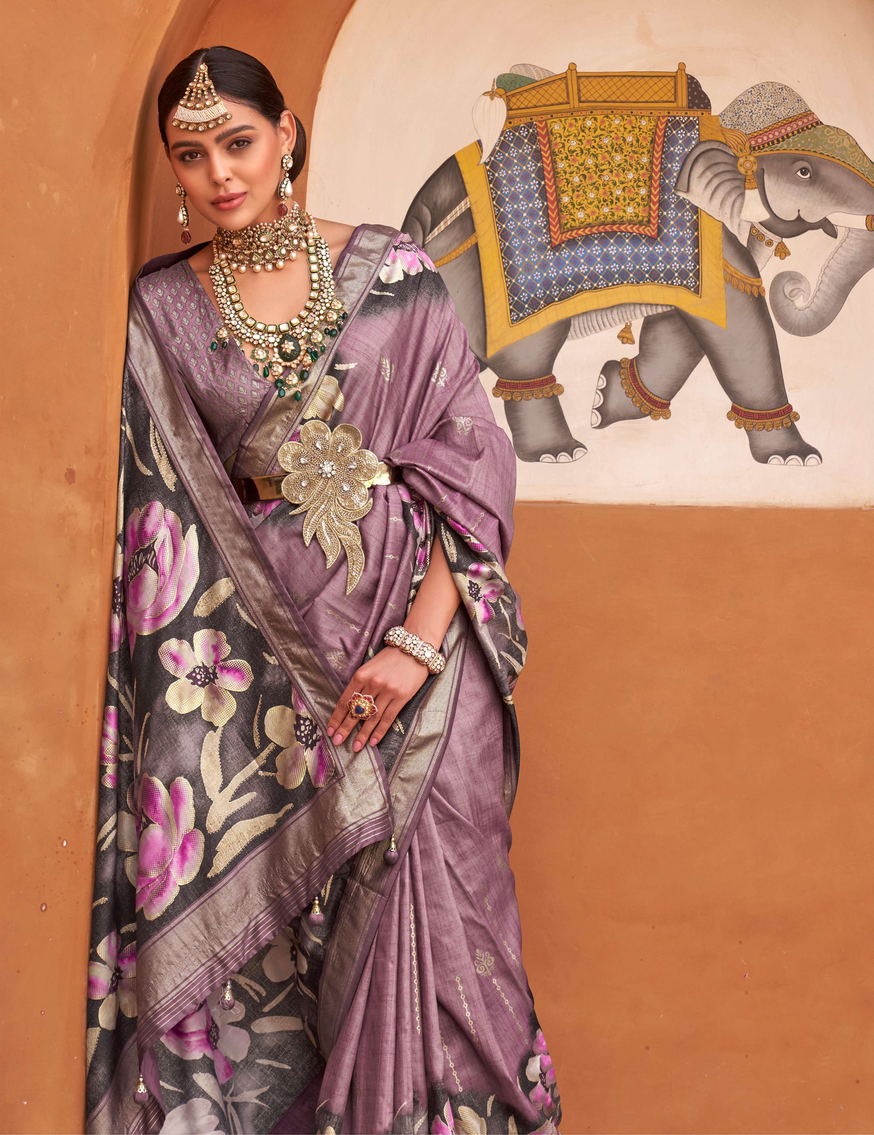 Monjolika Fashion Mauve Color Digitally Printed Weaving Silk Saree With Blouse