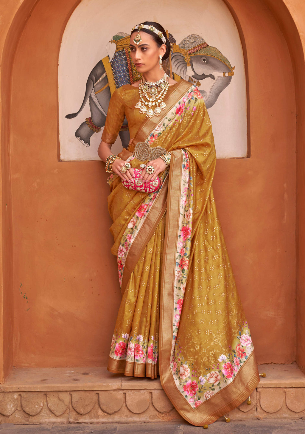 Monjolika Fashion Amber Color Digitally Printed Weaving Silk Saree With Blouse