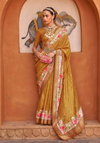 Monjolika Fashion Amber Color Digitally Printed Weaving Silk Saree With Blouse