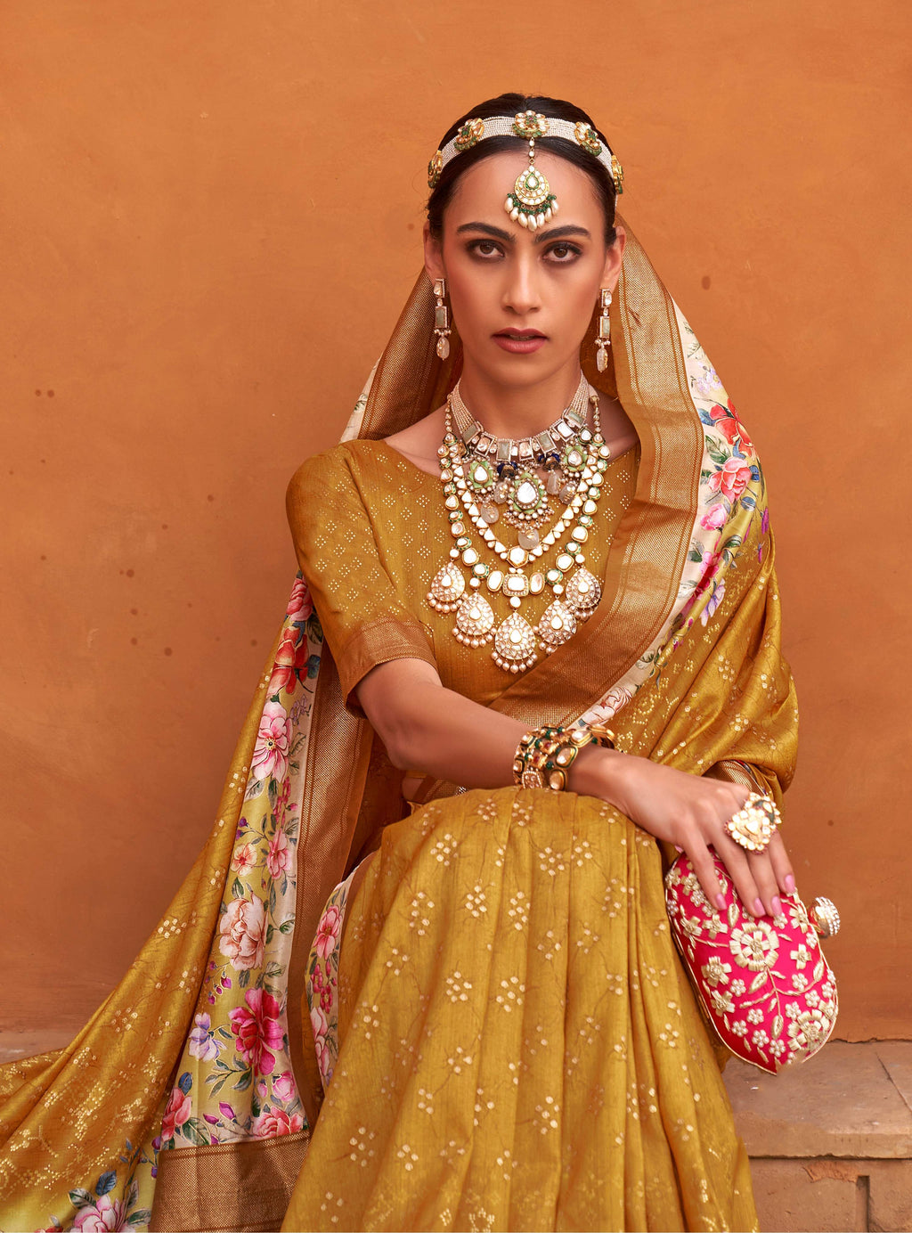 Monjolika Fashion Amber Color Digitally Printed Weaving Silk Saree With Blouse