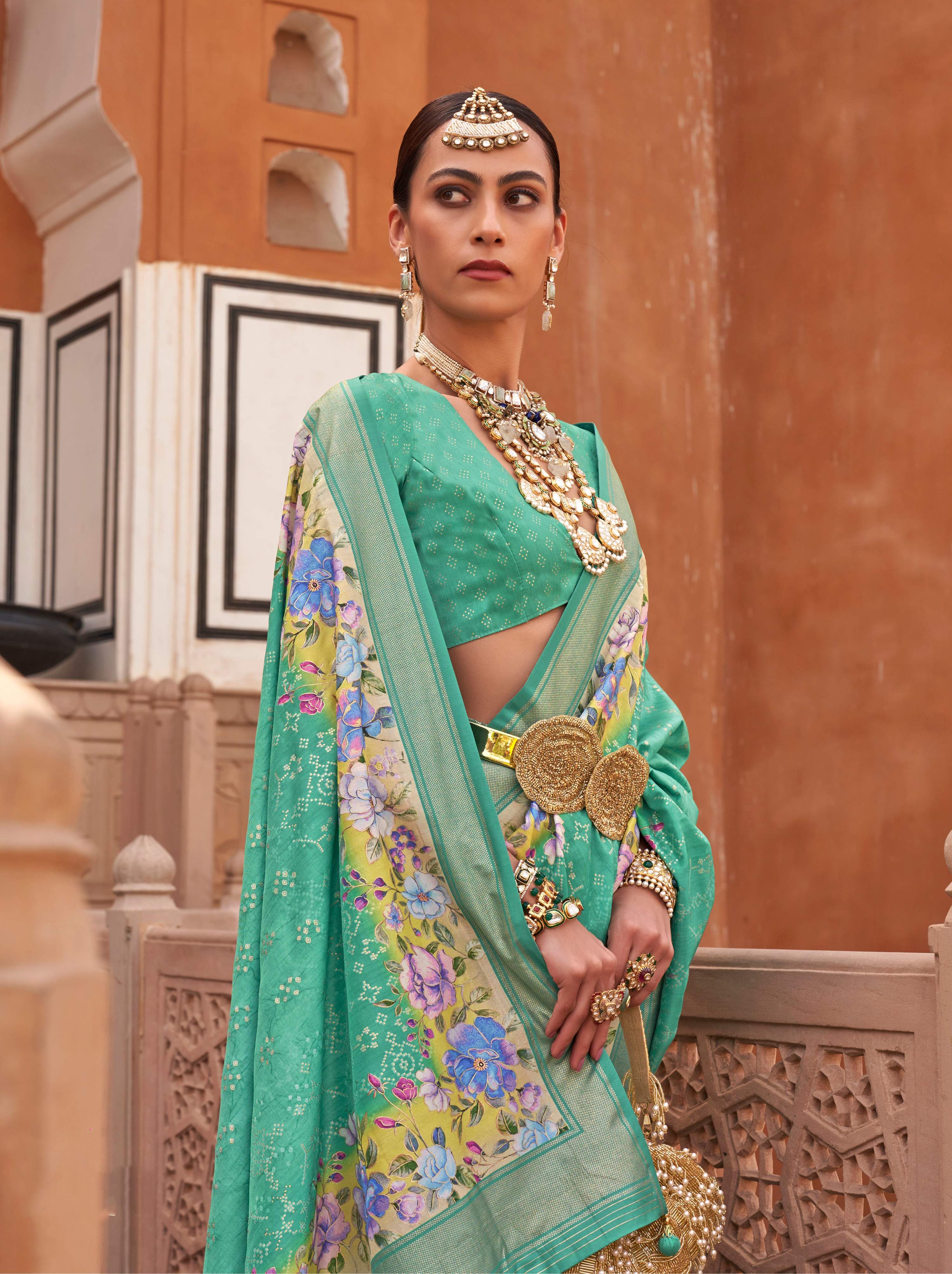 Monjolika Fashion Sea Green Color Digitally Printed Weaving Silk Saree With Blouse