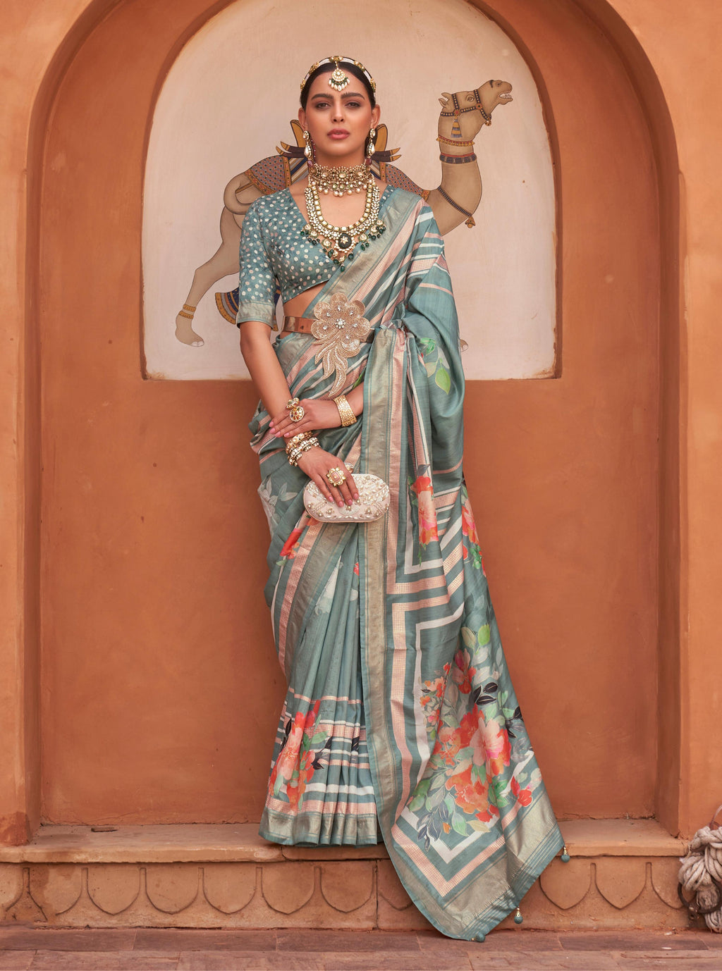 Monjolika Fashion Light Teal Color Digitally Printed Weaving Silk Saree With Blouse