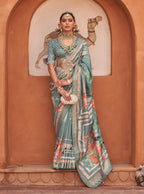 Monjolika Fashion Light Teal Color Digitally Printed Weaving Silk Saree With Blouse