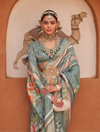 Monjolika Fashion Light Teal Color Digitally Printed Weaving Silk Saree With Blouse