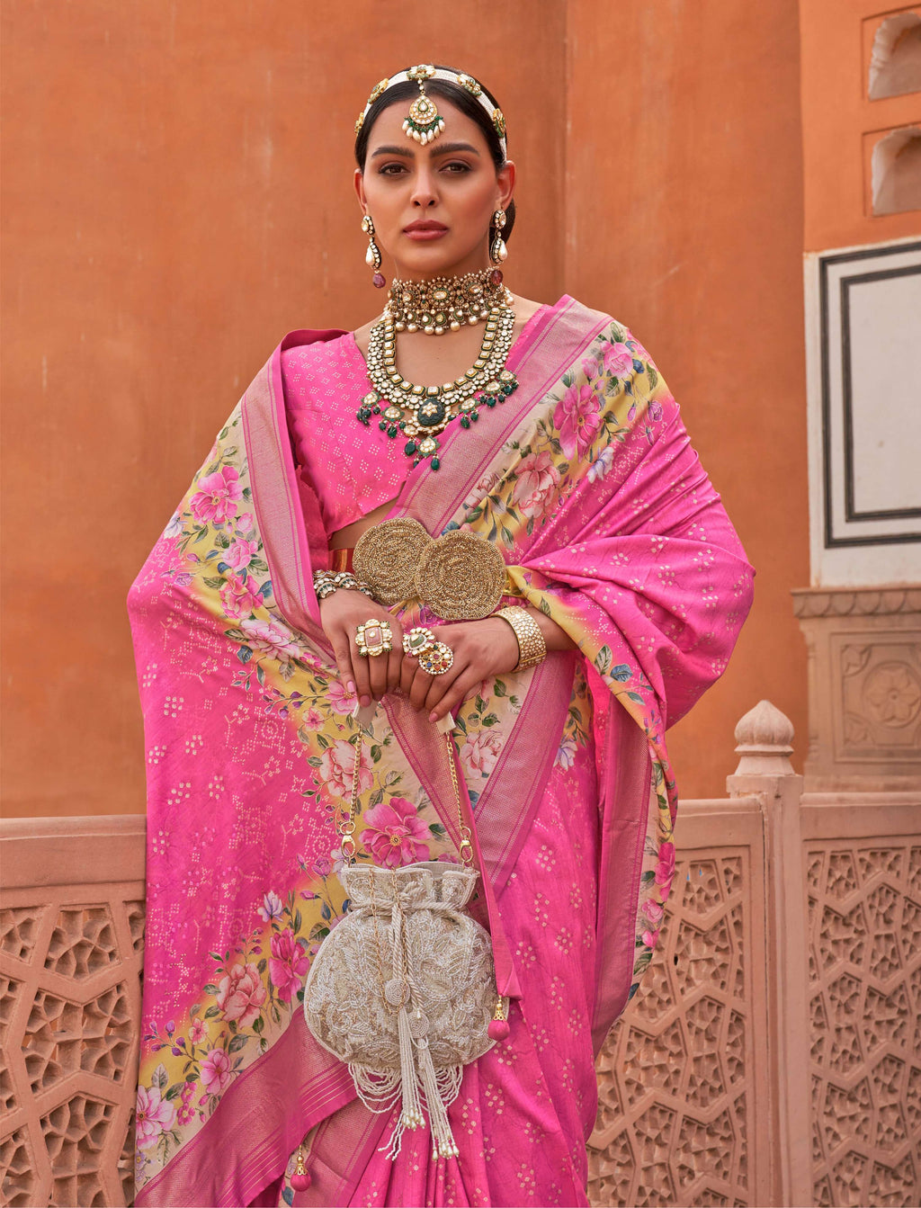 Monjolika Fashion Rose Pink Color Digitally Printed Weaving Silk Saree With Blouse