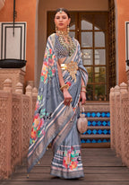 Monjolika Fashion Grey Color Digitally Printed Weaving Silk Saree With Blouse