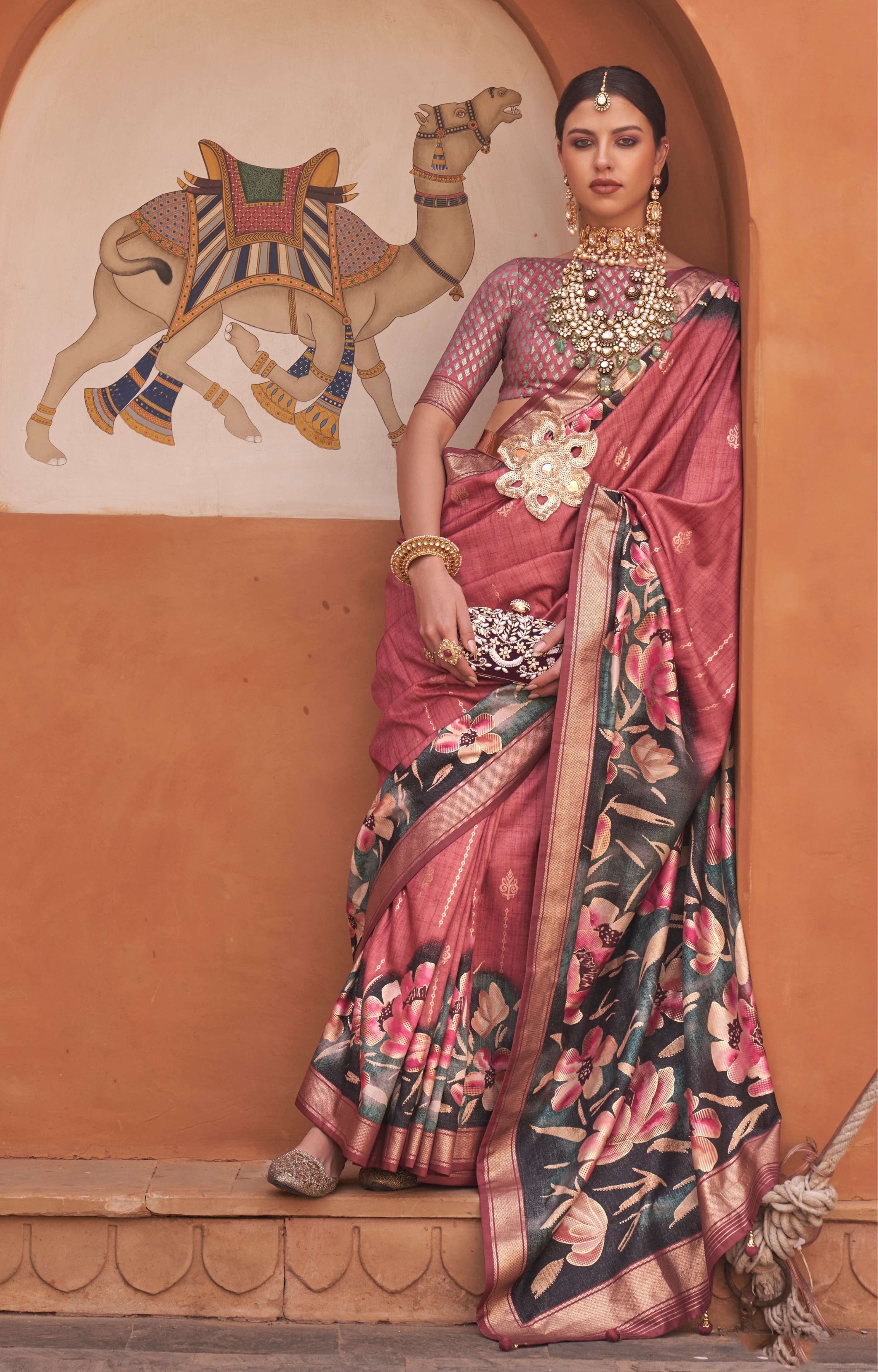 Monjolika Fashion Rust Color Digitally Printed Weaving Silk Saree With Blouse