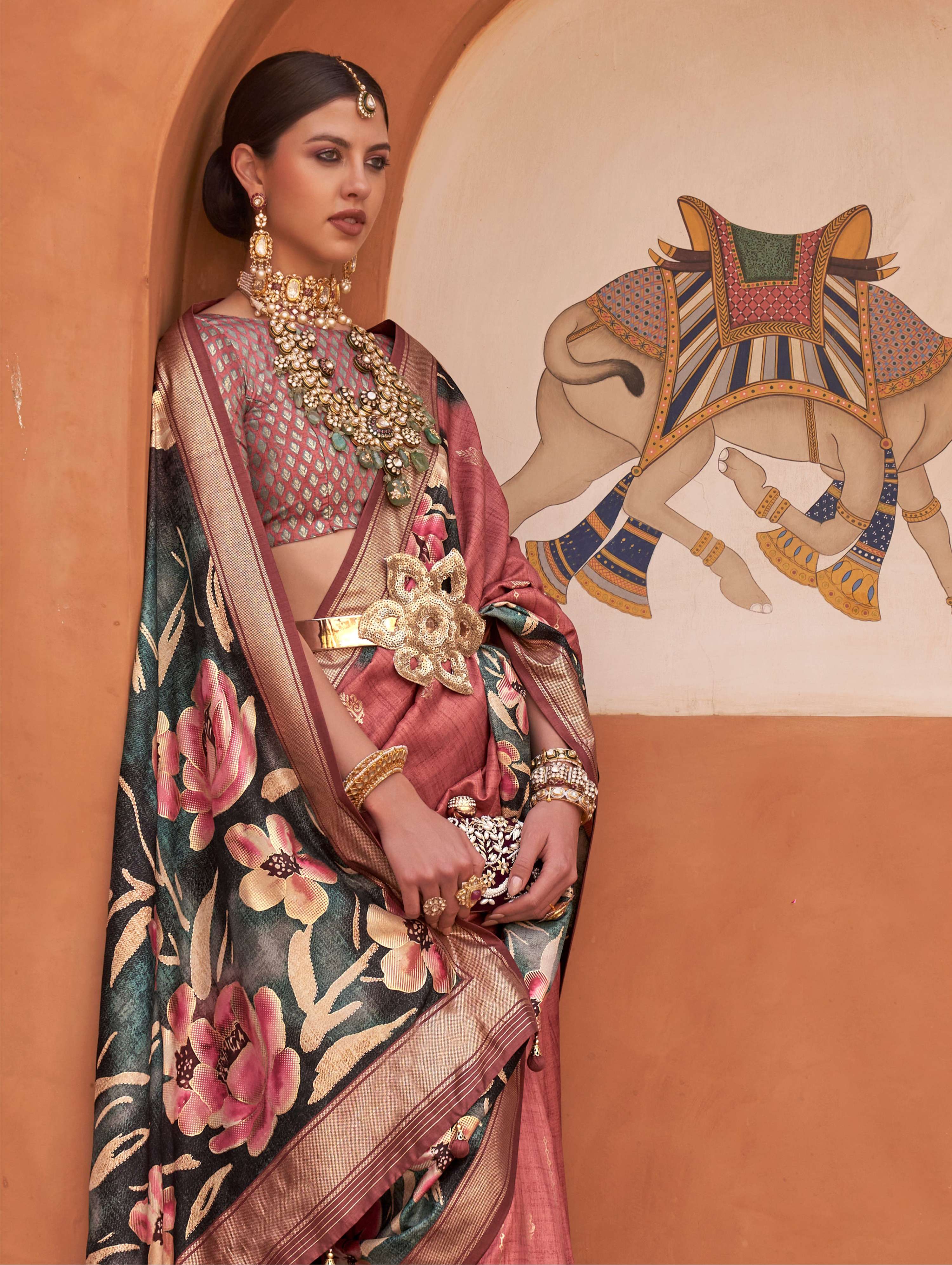 Monjolika Fashion Rust Color Digitally Printed Weaving Silk Saree With Blouse