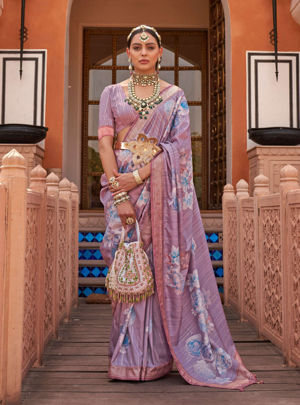 Monjolika Fashion Lavender Color Digitally Printed Weaving Silk Saree With Blouse