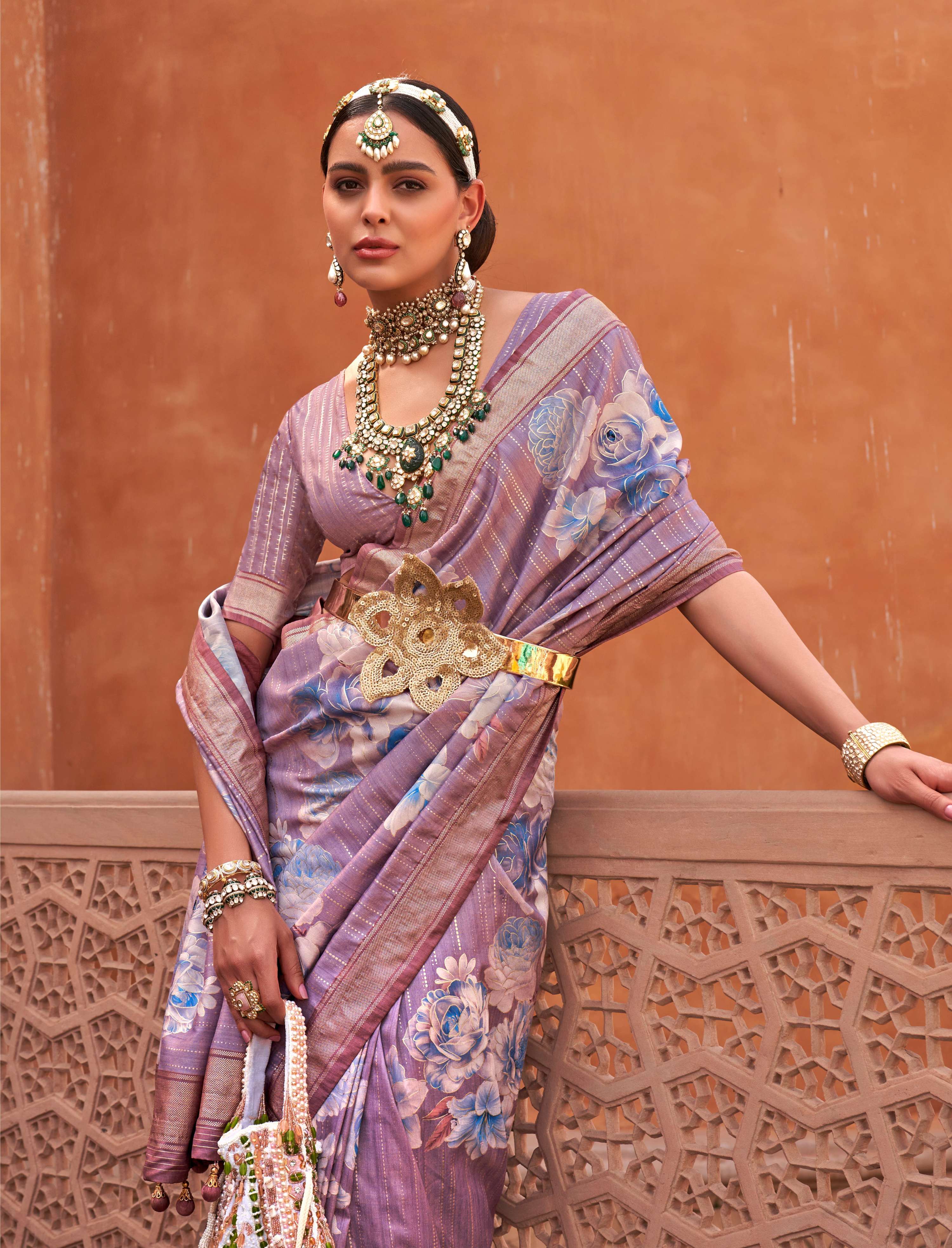 Monjolika Fashion Lavender Color Digitally Printed Weaving Silk Saree With Blouse