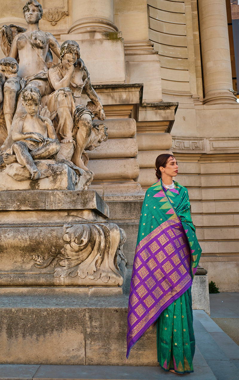 Monjolika Fashion Teal Color Silk Women'S Traditional Saree