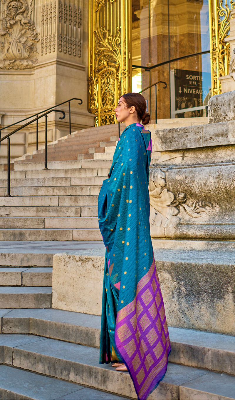 Monjolika Fashion Ocean Blue Color Silk Women'S Traditional Saree