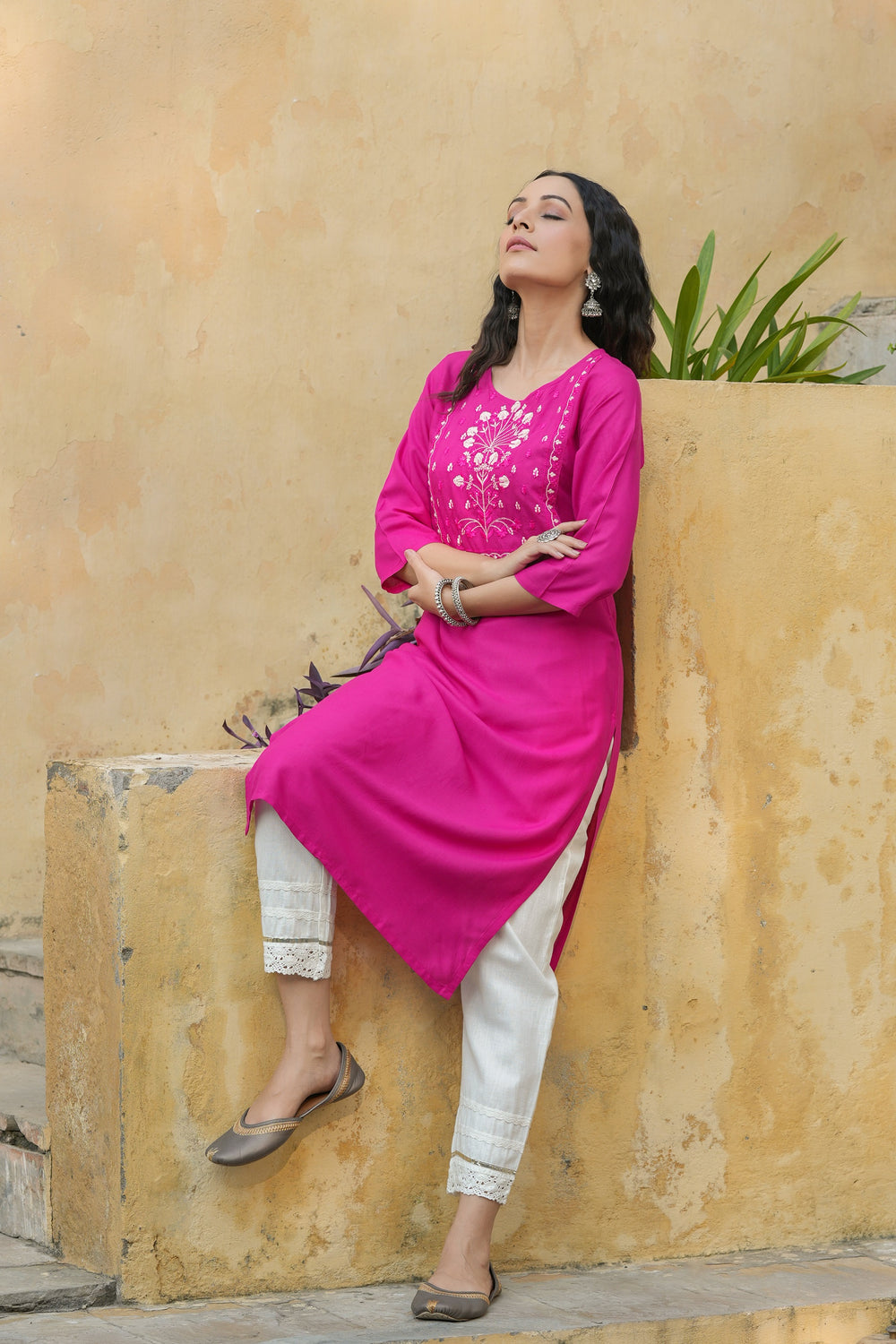 Juniper Fuchsia Rayon Festive Wear Embroidered Straight Kurta - Distacart