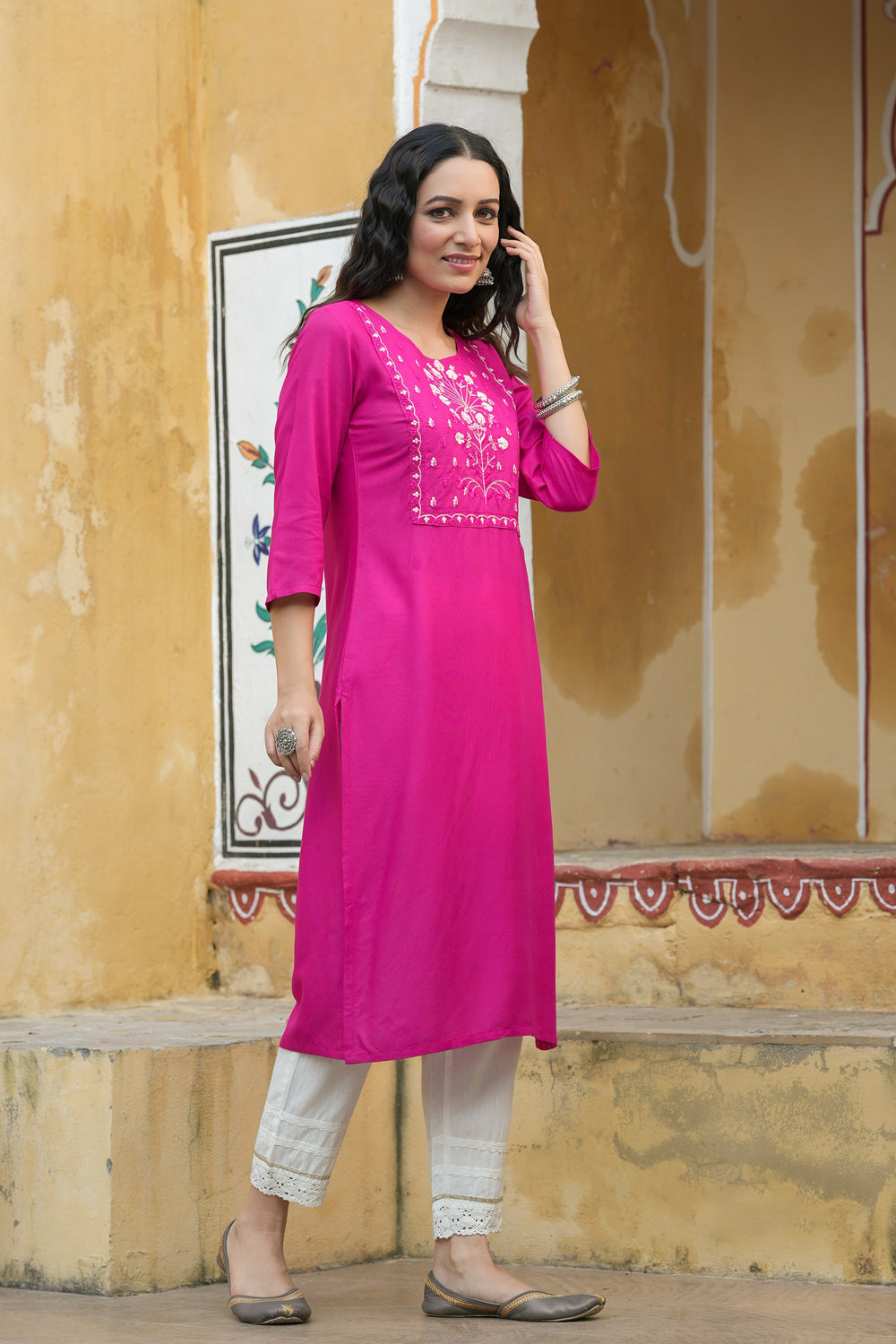Juniper Fuchsia Rayon Festive Wear Embroidered Straight Kurta - Distacart