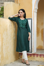 Juniper Green Rayon Festive Wear Embroidered Straight Kurta - Distacart