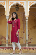 Juniper Maroon Rayon Festive Wear Embroidered Straight Kurta - Distacart