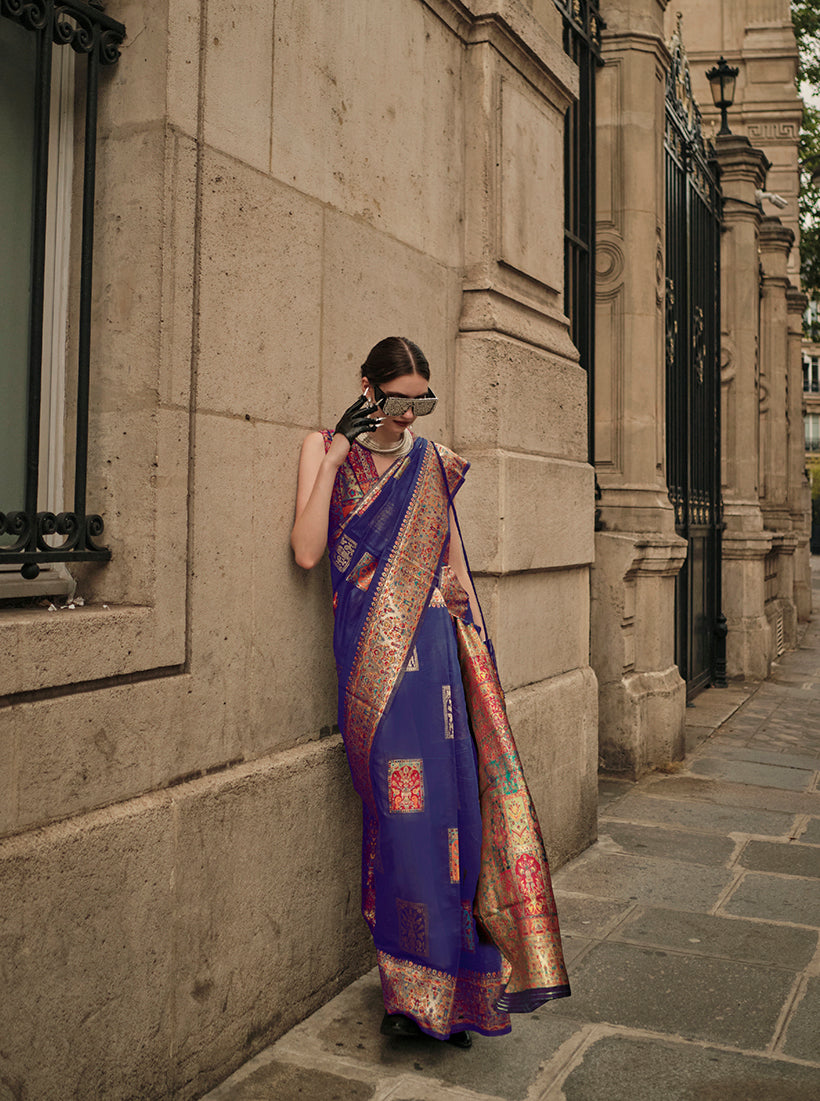 Monjolika Fashion Slate Blue Color Woven Festival Wear Saree - Distacart