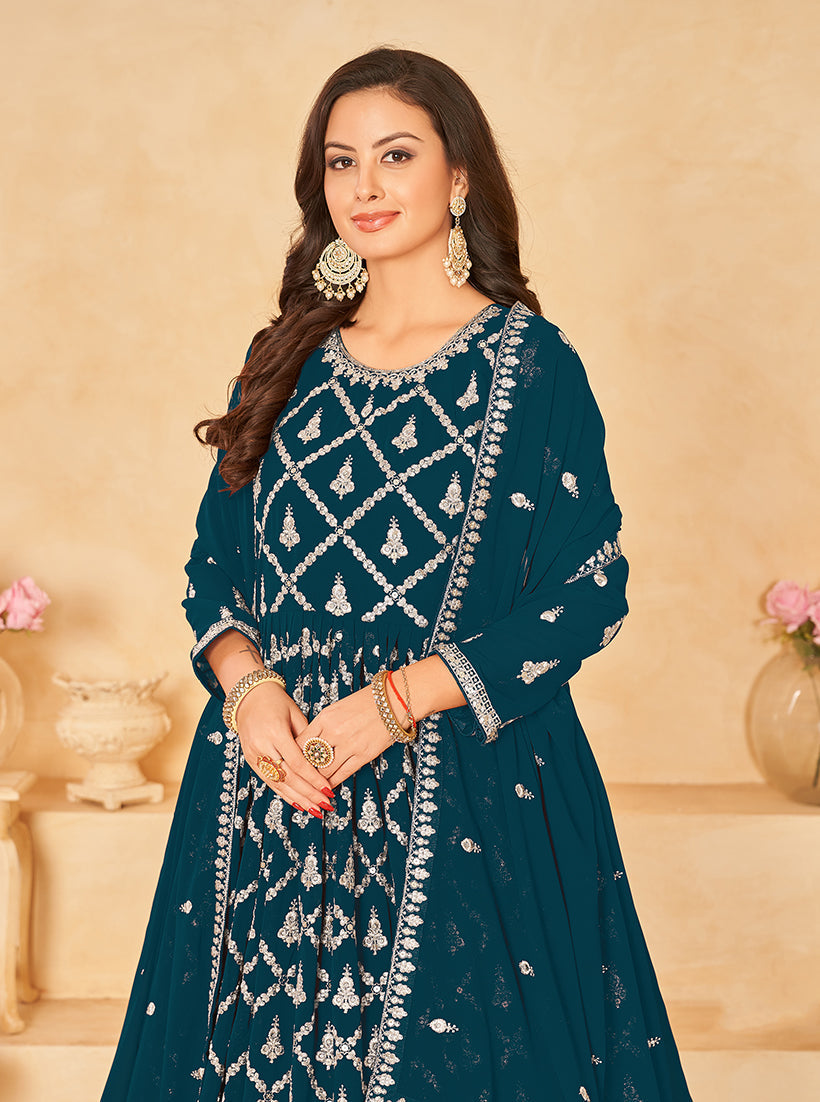 Monjolika Fashion Embroidered Party Wear Teal Salwar Suit - Distacart